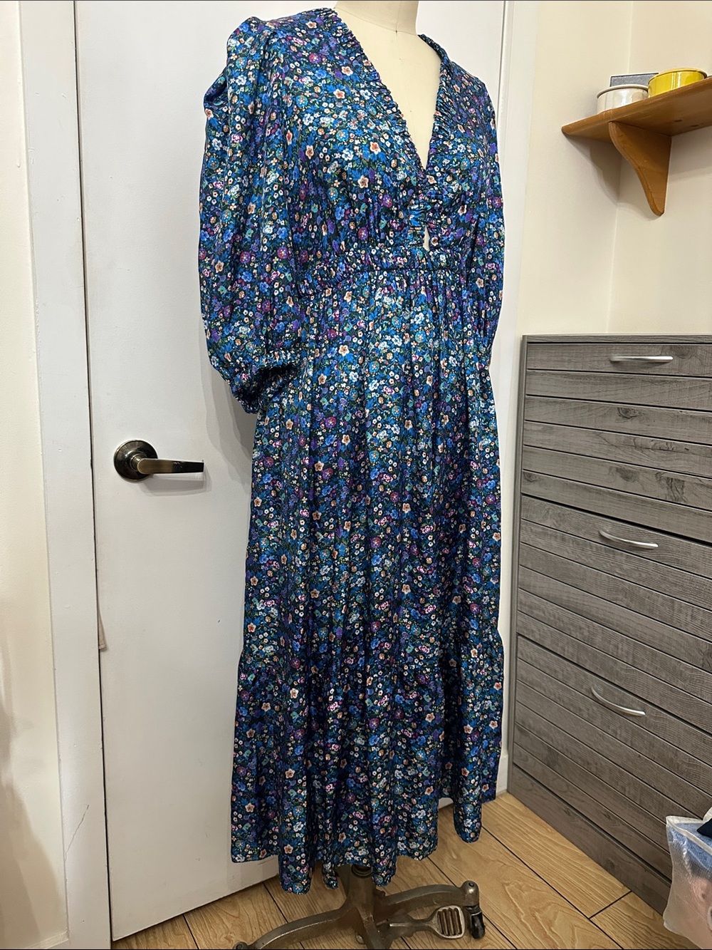 Sandro Blue Floral Maxi Dress with Puff Sleeves